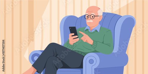 Senior man using smartphone in living room armchair relaxing at home enjoying modern mobile technology for communication and entertainment elderly lifestyle social media connection for retirement comm