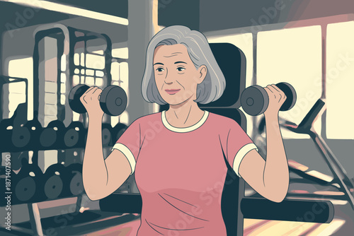 Active senior woman lifting dumbbells at the gym for strength training mature female exercising with weights in fitness center healthy lifestyle wellness and healthcare concept for advertising marketi