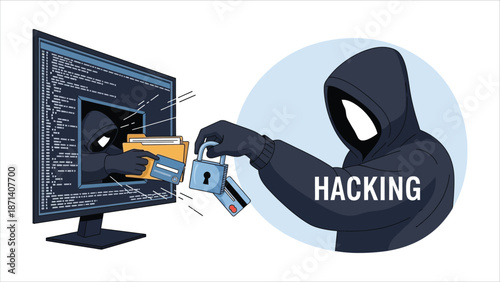 Hacker phishing vector scenes. Web hacking, phone scams, and mobile banking cyber attacks..eps