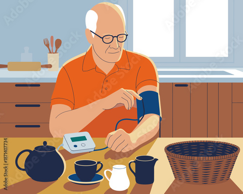 Senior man checking blood pressure at home in kitchen interior lifestyle illustration for healthcare awareness campaign elderly health monitoring concept digital vector graphic for medical website or