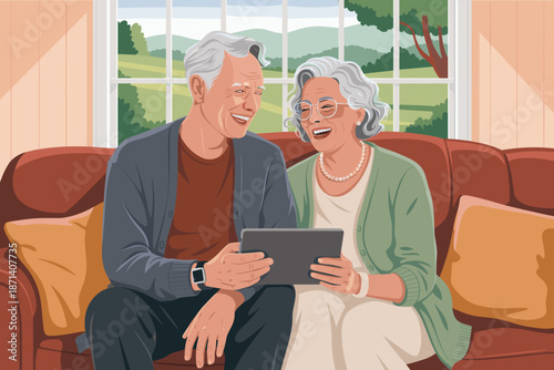 Happy senior couple using tablet computer at home together laughing cheerful mature man and woman enjoying online content family communication technology lifestyle illustration for retirement living a