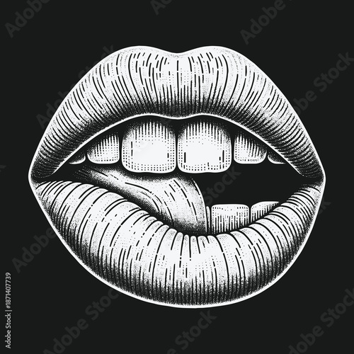 Engraved Lips with Tongue Illustration on Dark Background.