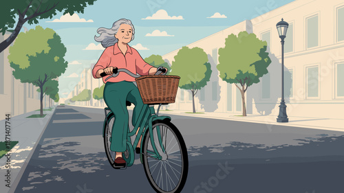 Smiling senior woman riding bicycle with basket on sunny city street enjoying active retirement lifestyle healthy recreation happy mature female cyclist illustration for environmental awareness campai