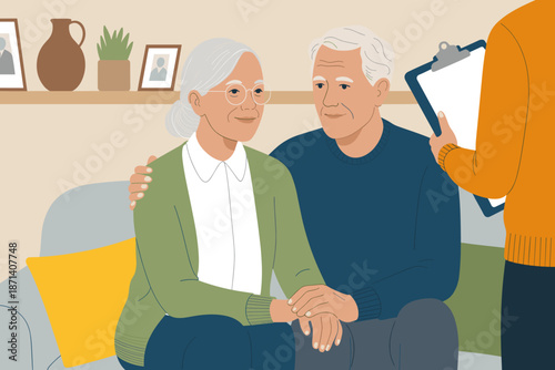 Senior couple consulting with healthcare professional at home for geriatric care planning and medical support in retirement living assistance elder services for social work family counseling and healt