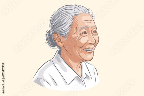 Smiling elderly woman portrait illustration with gray hair in profile view cheerful mature character for health and wellness campaigns senior lifestyle representation in medical advertising and family