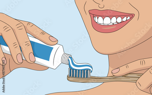 Person applying toothpaste to toothbrush for dental hygiene oral care routine illustration of healthy teeth and gums smiling happy woman for healthcare advertising marketing materials promoting wellne