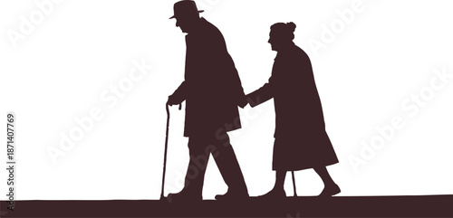 Elderly couple walking hand in hand isolated on transparent background at sunset