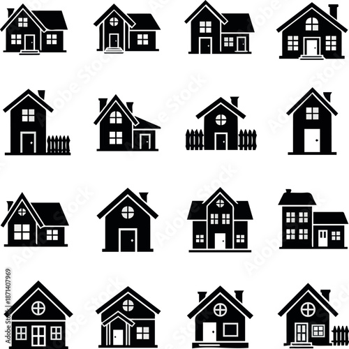 Houses exterior black glyph vector icons set.