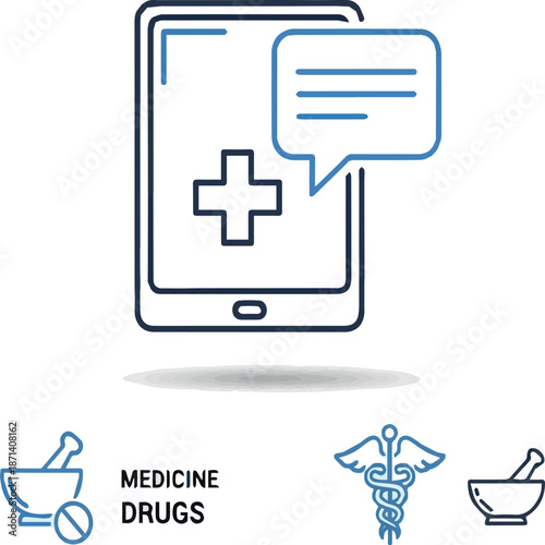 I need a Medical tablet line icon. Chat bubble with shadow. Medicine drugs sign. Pharmacy medication symbol. Thin line medical tablet icon. Vector.