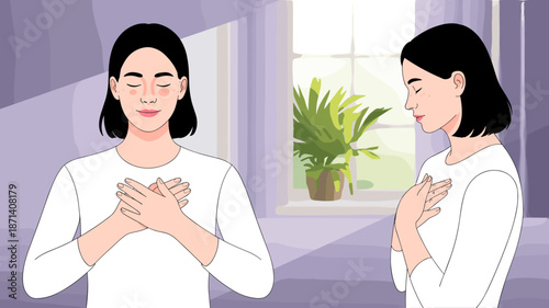 Calm woman practicing self compassion with hands on chest in serene indoor setting for mental wellness illustration mindful self care affirmation positive emotion healthcare graphic stress relief well