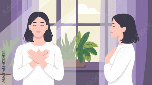 Calm woman practicing self love meditation with hands over heart in serene home interior peaceful mindfulness and positive affirmation for mental health wellbeing and stress management in lifestyle co