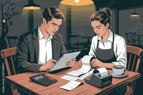 Restaurant manager and waitress analyzing financial data using tablet and calculator reviewing receipts in cafe setting for business operations and accounting management finance industry modern vector