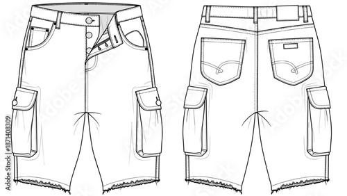 Detailed technical fashion drawing showing denim cargo shorts with pockets for clothing design, sewing, and manufacturing apparel in a modern style, offering a versatile template f.