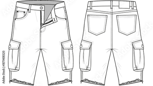 Denim Cargo Shorts Fashion Technical Sketch Template showing Front and Back Views with Pockets and Distressed Hemline are perfect for clothing design and fashion illustrations to i.