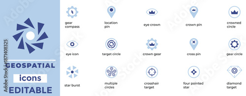 Geospatial Technology and Navigation Icon Set. Location Pin, GPS Compass, Target Crosshair, and Map Marker Vector Symbols.

