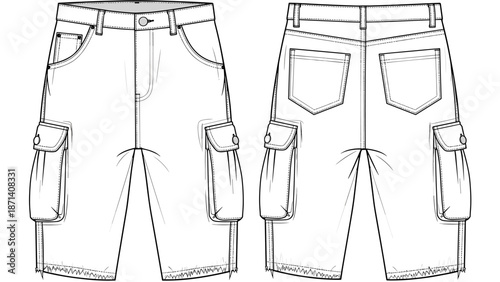 Technical drawing of cargo shorts showcasing front and back views for fashion design and apparel creation, illustrating modern utility style with detailed pockets and construction.