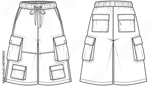 Fashionable Cargo Shorts Technical Drawing Displays Garment Design: Detailed flat sketch showcases modern streetwear apparel, offering inspiration for casual clothing, contemporary.