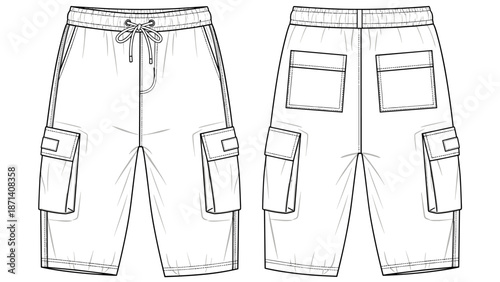Fashionable Cargo Shorts Technical Flat Sketch for Apparel Design and Garment Production, Illustrating Front and Back Views, Showcasing Pockets and Drawstring Waist, Essential.