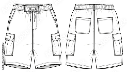 Fashion illustration of cargo shorts with drawstring waist and utility pockets, a sportswear garment for casual wear, outdoor activities, and modern style with detailed stitching f.