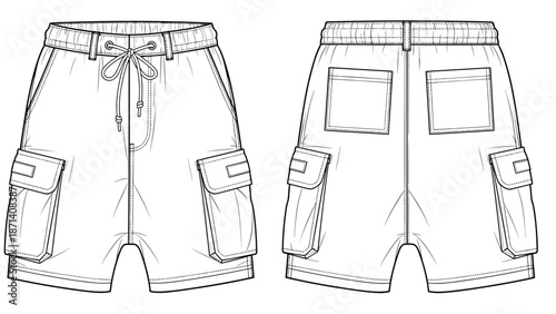 Fashionable cargo shorts technical drawing showcasing garment construction and design, perfect for fashion designers and technical designers, ideal for presentations and product de.