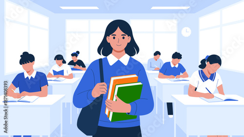 Smiling young student girl holding books in bright modern school classroom with classmates studying at desks education learning environment student success concept for educational presentations and ba