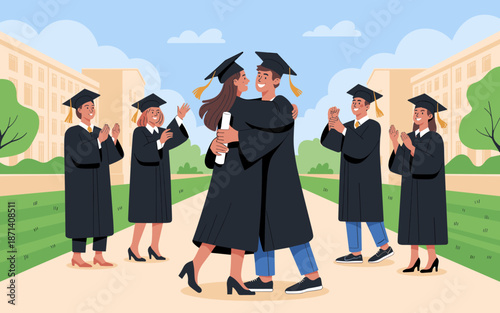 Happy graduating students hugging on campus with diploma after commencement ceremony academic achievement illustration for university education success celebration future graduates college graduation