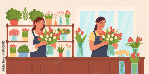 Smiling woman florist arranging vibrant tulip bouquets in flower shop professional floral designer creating beautiful arrangements for retail sale small business owner at work spring flower arrangemen
