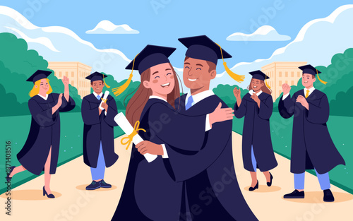 Happy diverse graduating students hugging with diploma on campus celebrating college graduation achievement academic success education concept for university commencement ceremony presentations and ma