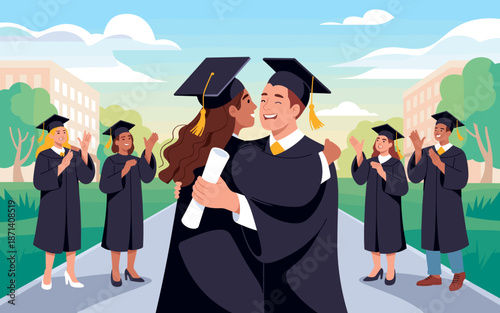 Happy diverse graduating students hugging wearing cap and gown celebrating graduation achievement on campus with cheering classmates education university college success illustration for commencement