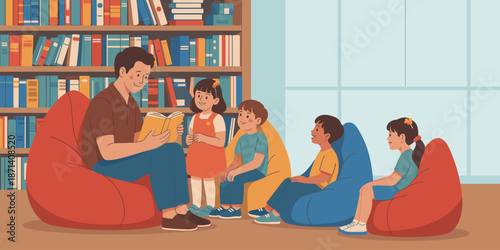 Caring man reading book to diverse group of children sitting on colorful bean bag chairs in cozy library with bookshelves for educational storytelling happy learning and childhood development in schoo
