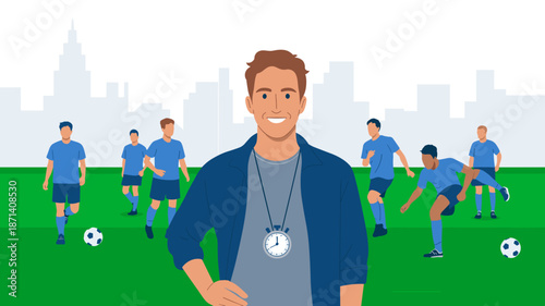 Smiling soccer coach overseeing team practice on green field with skyline backdrop professional athletic trainer instructing young players during outdoor training session for sports marketing and adve