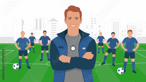 Confident soccer football coach standing with arms crossed overseeing team training on field professional sports coaching strategy concept for team management leadership development athletics illustra