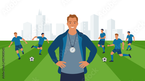 Smiling soccer coach overseeing team training on green sports field with cityscape backdrop professional athletic instructor guiding players during practice session for competitive advantage and succe