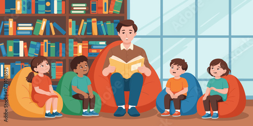Caring male teacher reading aloud to diverse group of elementary school children in library sitting on beanbag chairs educational storytelling learning together in classroom for childhood development