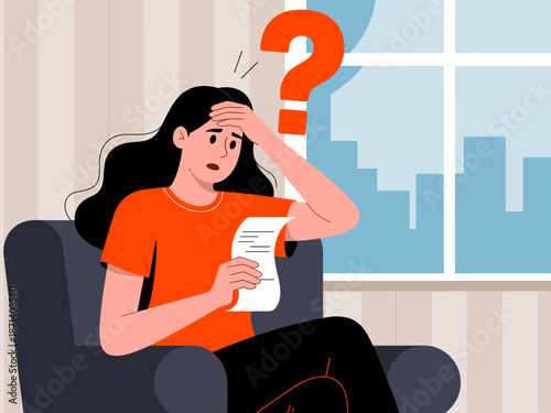Stressed woman holding paper with question mark thinking about financial problems and debt worried about taxes and bills in modern apartment interior vector character illustration for business and lif