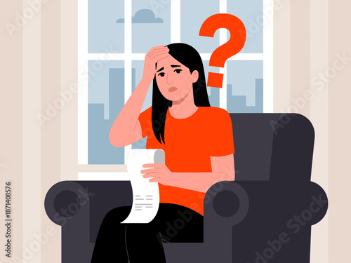 Stressed young woman sitting with bill in hand looking concerned with question mark overhead at home worried about finances and debt professional vector illustration for financial literacy marketing a