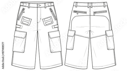 Detailed technical sketch of trendy cargo shorts with multiple pockets and zippers offers a blueprint for apparel designers and fashion industry professionals, creating stylish wea.
