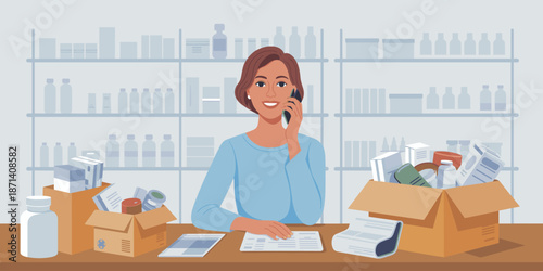 Friendly female pharmacist on phone in drugstore with medicines and prescription boxes professional healthcare worker in pharmacy store medicine inventory management for pharmaceutical advertising and