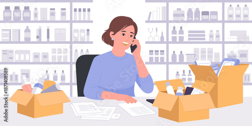 Smiling brunette woman talking on smartphone in pharmacy surrounded by medicine boxes documents working pharmacist healthcare products inventory management system for pharmaceutical industry medicatio