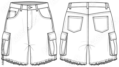 Denim Cargo Shorts Fashion Illustration for Apparel Design Mockup, showcasing frayed hem, front and back view, patch pockets, and topstitching for garment industry projects and sty.