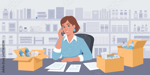 Smiling woman entrepreneur talking on phone at desk with cardboard boxes of pharmaceutical products in office pharmacy fulfillment for ecommerce order processing and delivery service in healthcare bus