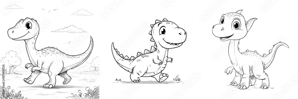 Obraz premium Set of A minimalist photograph of a dinosaur coloring sheet with simple line art, playful prehistoric dinosaur design, evenly lit on transparent png background. Ai generated