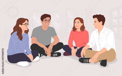 Diverse young adult friends sitting in circle talking in modern home interior collaborative workshop planning session friendly discussion group for social media marketing content team meeting lifestyl