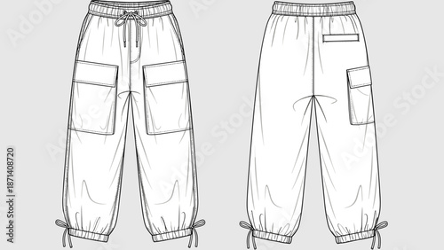 Modern Cargo Pants Technical Fashion Illustration Shows Jogger Silhouette with Front and Back Views for Clothing Design, Apparel Pattern Making, and Garment Manufacturing.