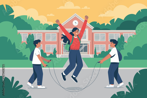 Cheerful students jumping rope outdoors in front of school building happy energetic classmates enjoying physical activity during recess break fun healthy lifestyle for education advertising marketing