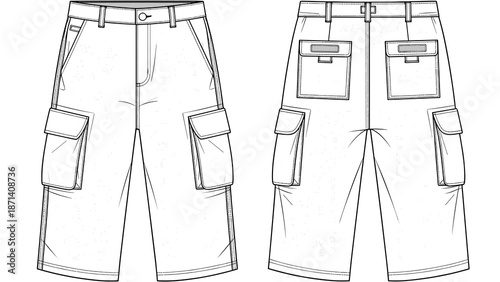 Fashionable cargo shorts technical drawing displays front and back views, showcasing garment design, apparel illustration, clothing sketch for trendy summer style, casual wear, fas.