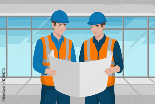 Two construction workers reviewing blueprint plans at building site wearing safety vests and hard hats professional teamwork collaboration concept for architecture engineering project management prese