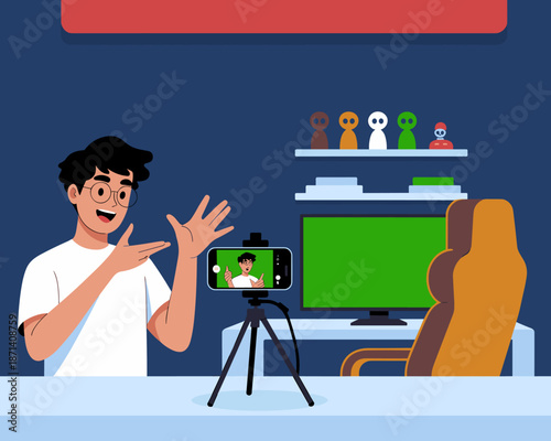 Smiling young man recording video blog with smartphone on tripod in his room for social media content creation influencer lifestyle digital marketing presentation and communication green screen techno