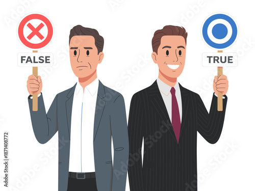Diverse businessmen holding true false signs presenting opposite opinions decisions in modern corporate workplace professional illustration for business strategy marketing presentations problem solvin