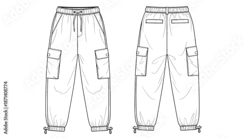 Fashionable cargo pants technical drawing showcases streetwear style, featuring relaxed fit, elasticated waistband, functional pockets for casual wear, fashion design and apparel c.